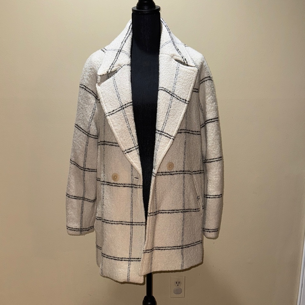 Banana Republic Cream and Black Plaid Pea Coat